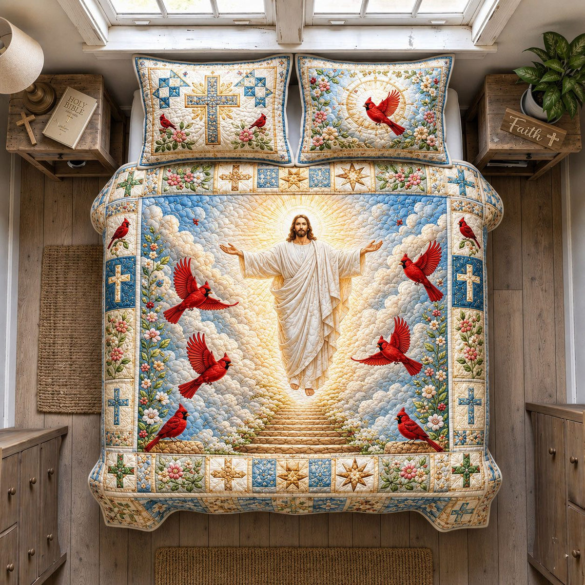 Jesus Heavenly Cardinal quilted 3-piece bedding set on a made bed in a softly lit bedroom