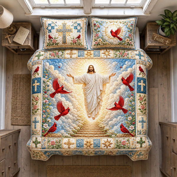 Jesus Heavenly Cardinal quilted 3-piece bedding set on a made bed in a softly lit bedroom