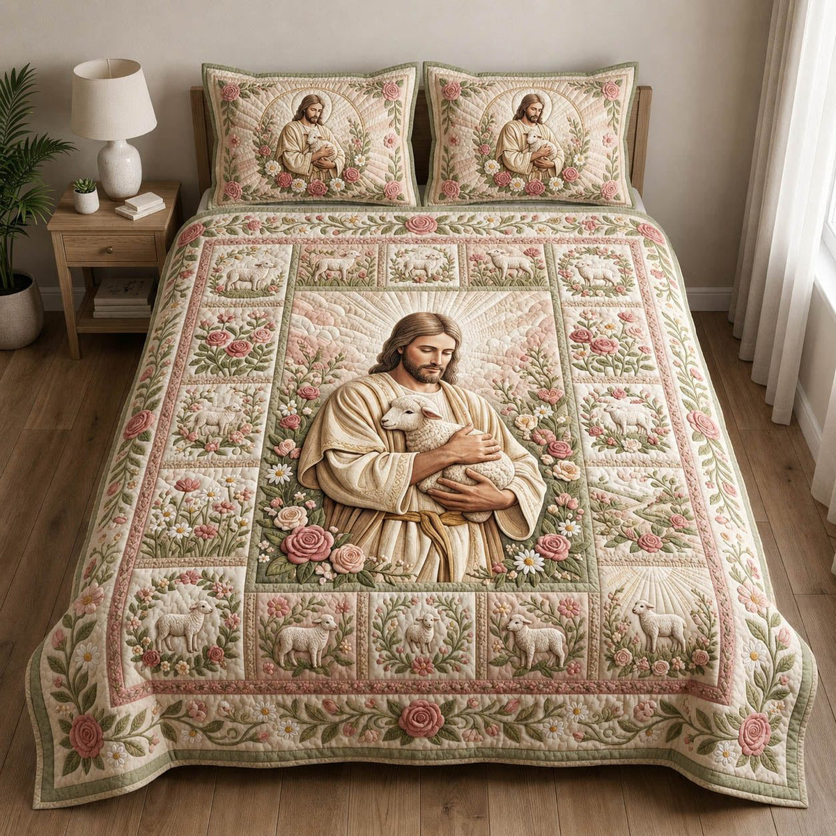 Jesus Holding Lamb quilted 3-piece bedding set on a made bed in a softly lit bedroom