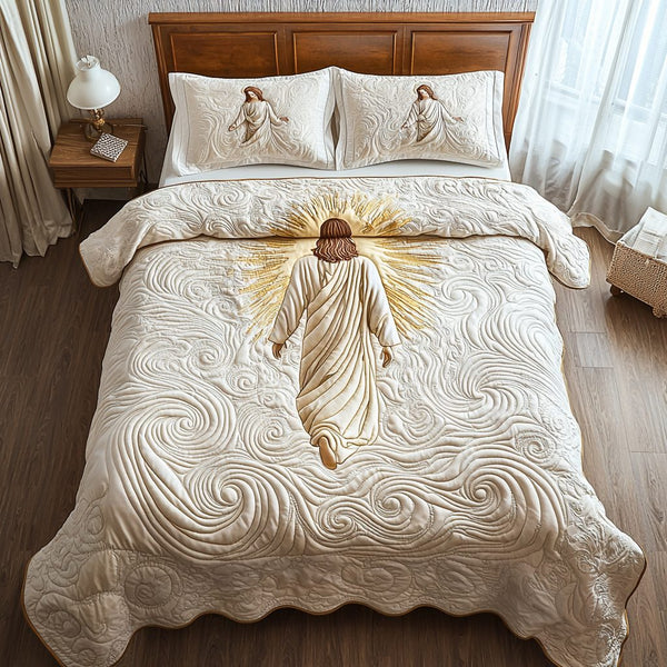 Jesus Holding Light quilted 3-piece bedding set on a made bed in a softly lit bedroom