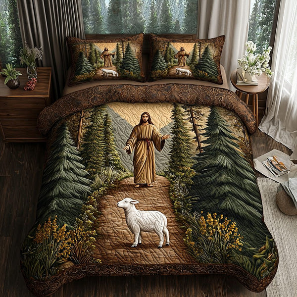 Jesus in the Forest quilted 3-piece bedding set on a made bed in a softly lit bedroom