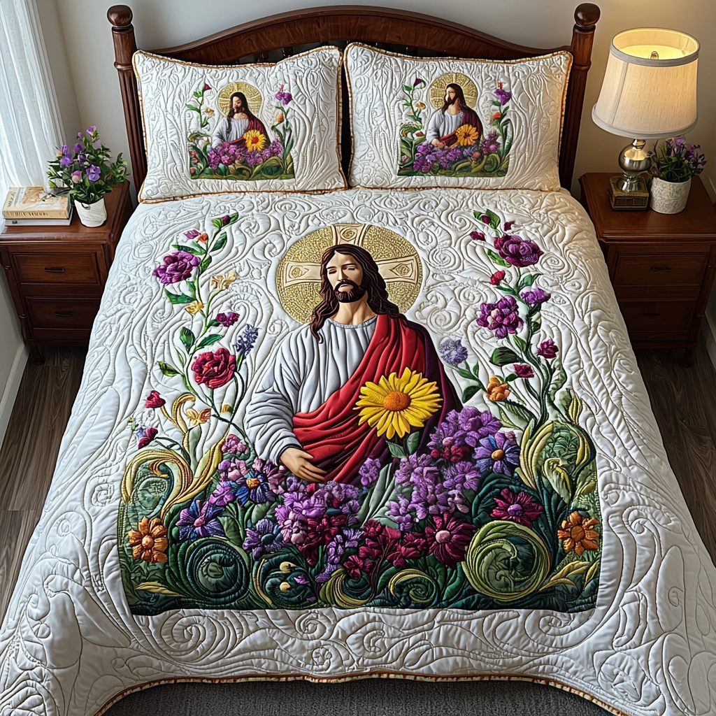 Jesus in the Garden quilted 3-piece bedding set on a made bed in a softly lit bedroom