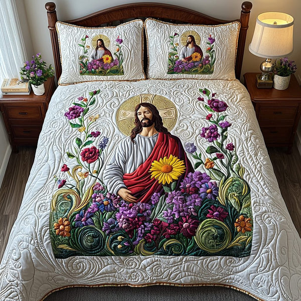 Jesus in the Garden quilted 3-piece bedding set on a made bed in a softly lit bedroom