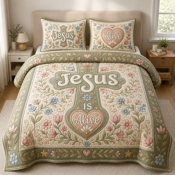 Jesus Is Alive quilted 3-piece bedding set on a made bed in a softly lit bedroom