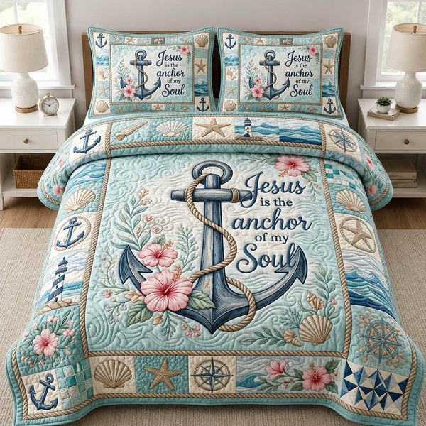 Jesus Is The Anchor quilted 3-piece bedding set on a made bed in a softly lit bedroom