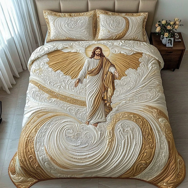 Jesus Lifting Hope quilted 3-piece bedding set on a made bed in a softly lit bedroom