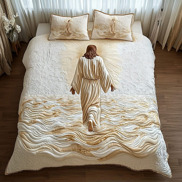 Jesus Light quilted 3-piece bedding set on a made bed in a softly lit bedroom