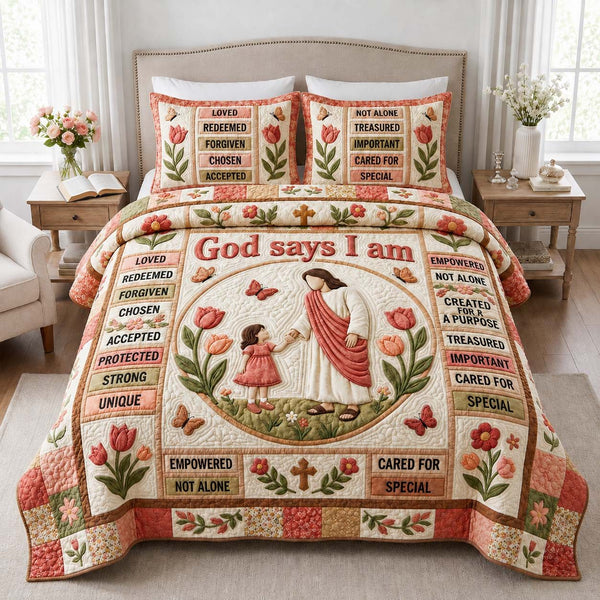Jesus Loves Me quilted 3-piece bedding set on a made bed in a softly lit bedroom