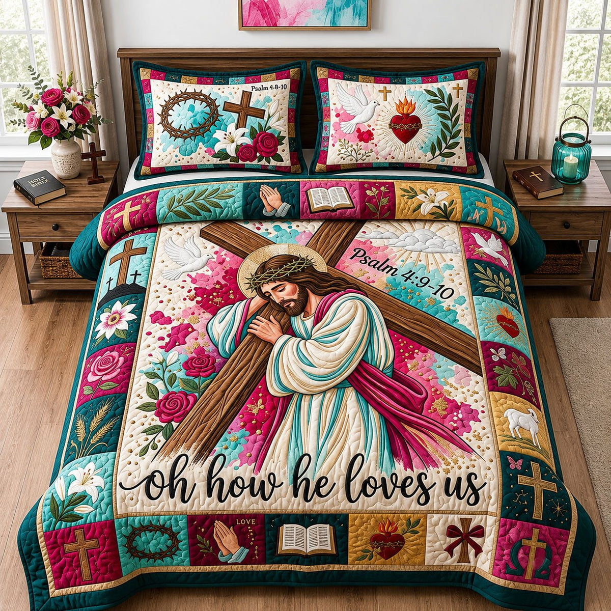Jesus Loves Me quilted 3-piece bedding set on a made bed in a softly lit bedroom