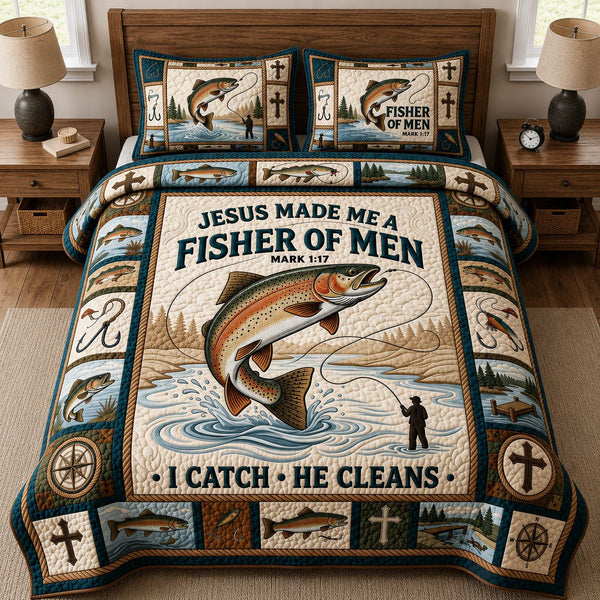 Jesus Mades Me Fisher of Men quilted 3-piece bedding set on a made bed in a softly lit bedroom