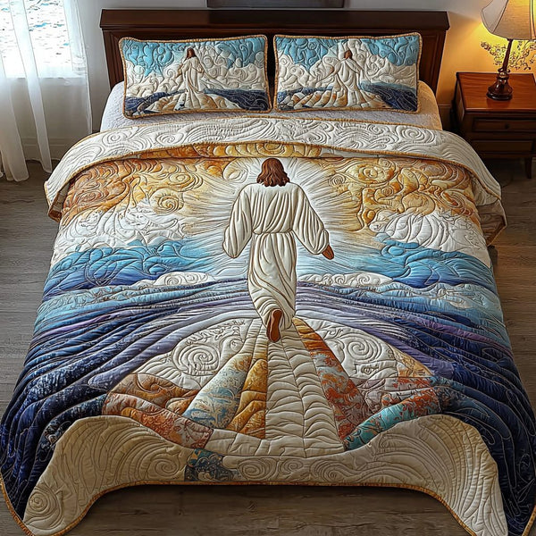 Jesus On the Path quilted 3-piece bedding set on a made bed in a softly lit bedroom