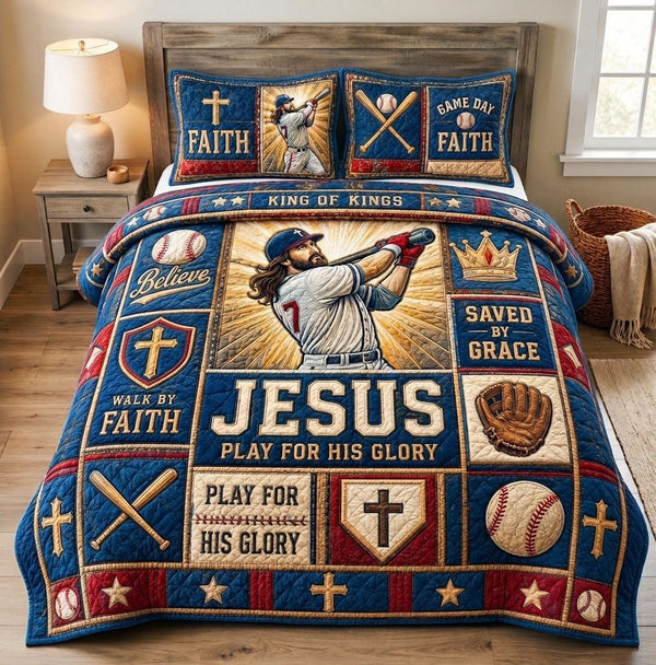 Jesus Play For His Glory Baseball quilted 3-piece bedding set on a made bed in a softly lit bedroom