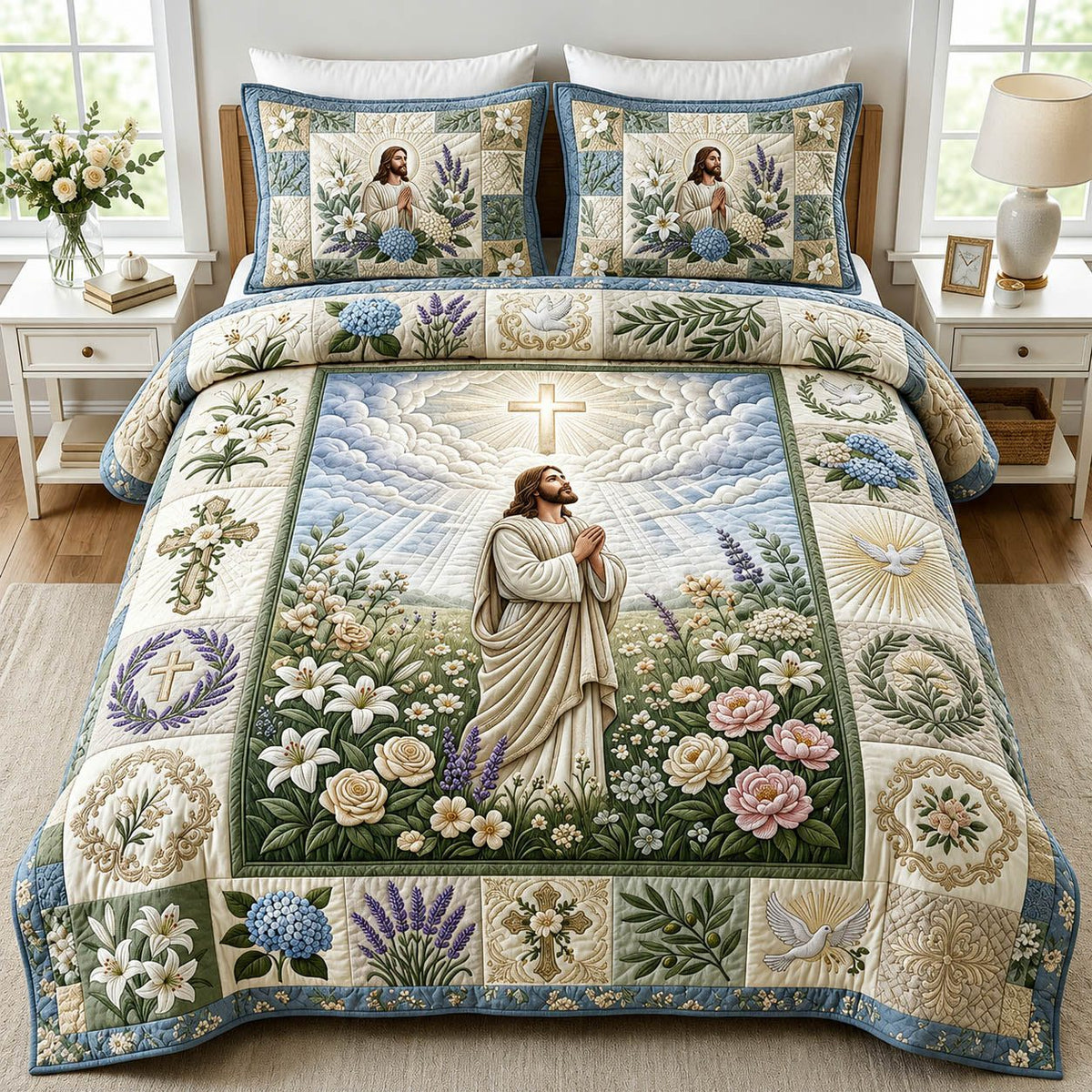 Jesus Praying quilted 3-piece bedding set on a made bed in a softly lit bedroom