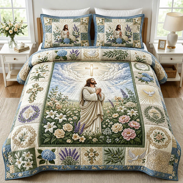 Jesus Praying quilted 3-piece bedding set on a made bed in a softly lit bedroom