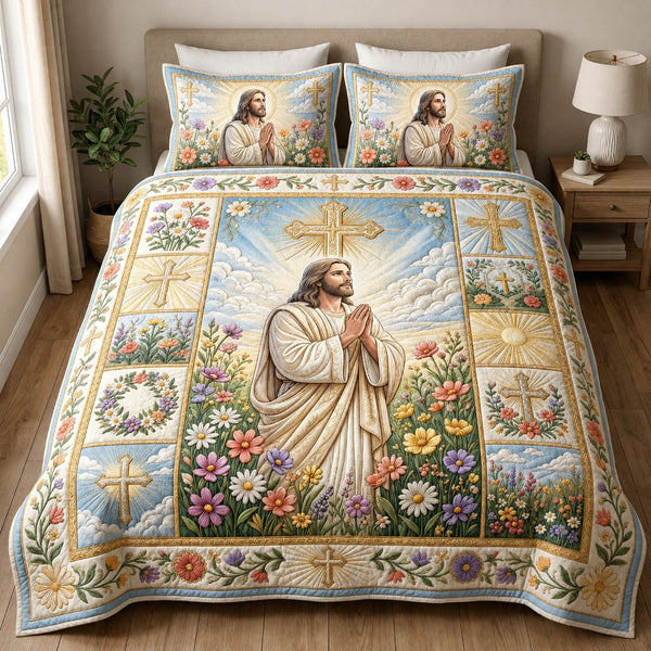 Jesus Praying quilted 3-piece bedding set on a made bed in a softly lit bedroom