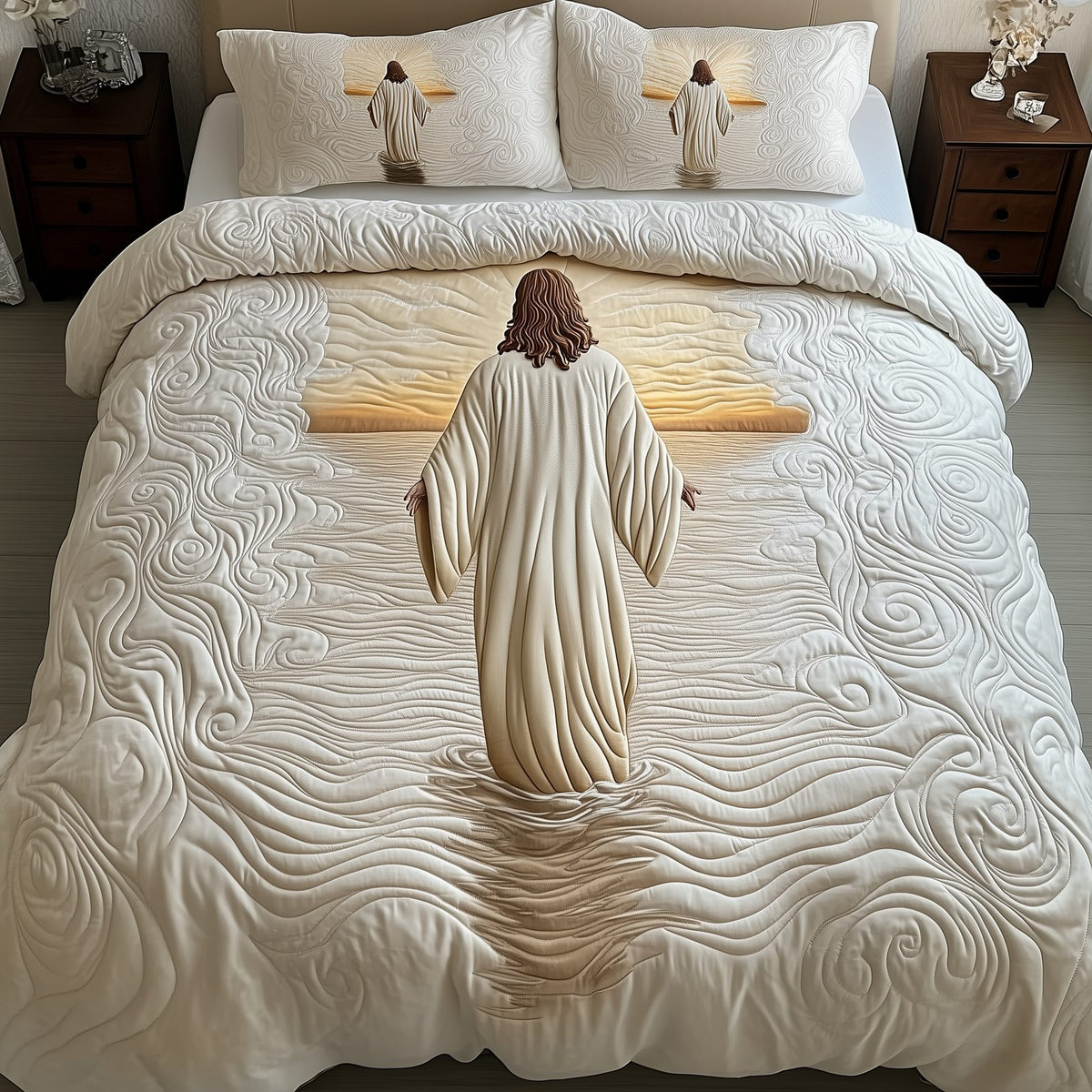 Jesus quilted 3-piece bedding set on a made bed in a softly lit bedroom