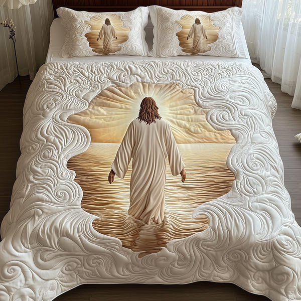 Jesus quilted 3-piece bedding set on a made bed in a softly lit bedroom