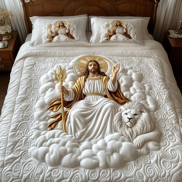 Jesus quilted 3-piece bedding set on a made bed in a softly lit bedroom