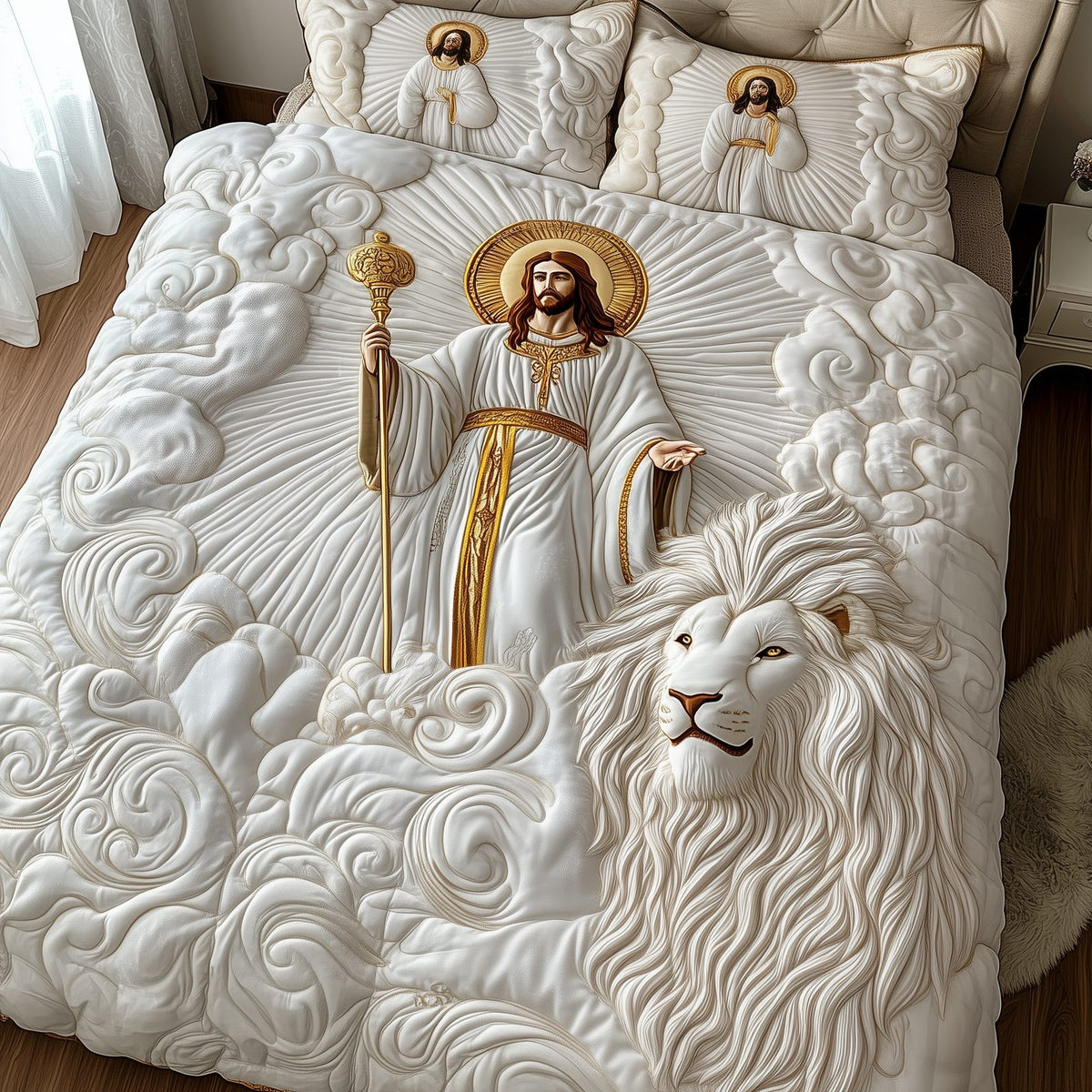 Jesus quilted 3-piece bedding set on a made bed in a softly lit bedroom
