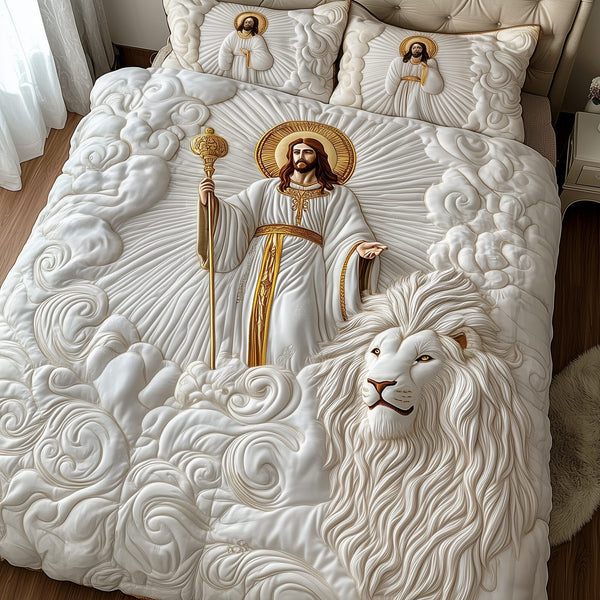 Jesus quilted 3-piece bedding set on a made bed in a softly lit bedroom