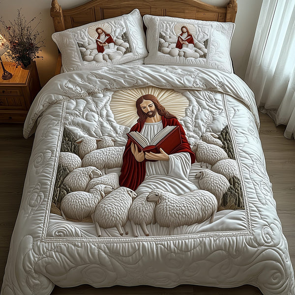 Jesus quilted 3-piece bedding set on a made bed in a softly lit bedroom