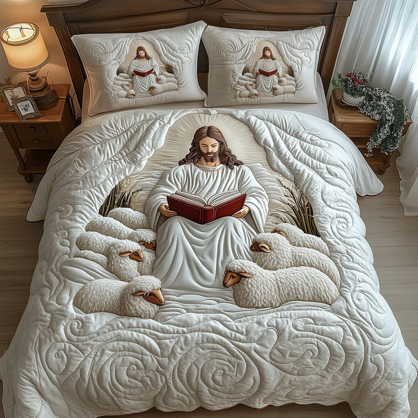 Jesus quilted 3-piece bedding set on a made bed in a softly lit bedroom