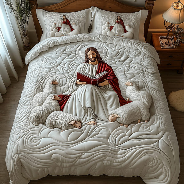 Jesus quilted 3-piece bedding set on a made bed in a softly lit bedroom