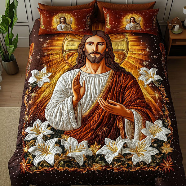 Jesus Radiance quilted 3-piece bedding set on a made bed in a softly lit bedroom