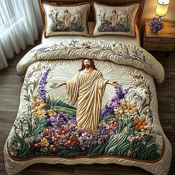 Jesus Radiates Peace quilted 3-piece bedding set on a made bed in a softly lit bedroom