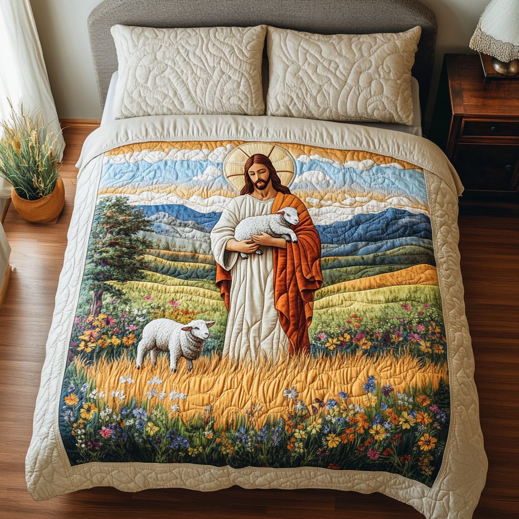Jesus Resting with Lambs quilted 3-piece bedding set on a made bed in a softly lit bedroom