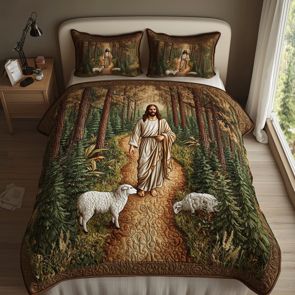 Jesus Tending Flock quilted 3-piece bedding set on a made bed in a softly lit bedroom