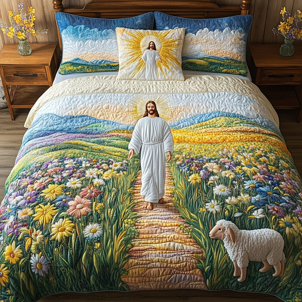 Jesus the Great quilted 3-piece bedding set on a made bed in a softly lit bedroom