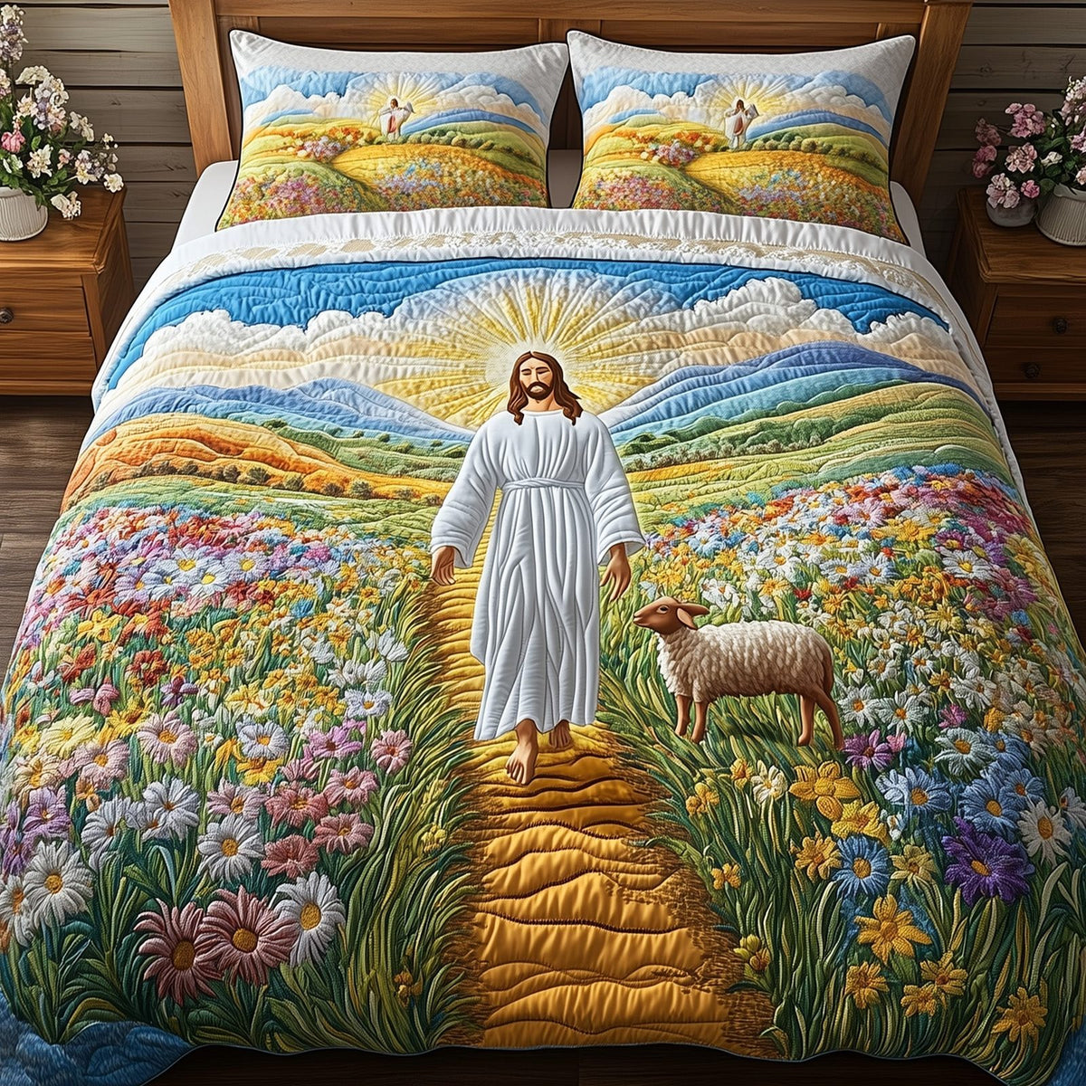 Jesus the Great quilted 3-piece bedding set on a made bed in a softly lit bedroom
