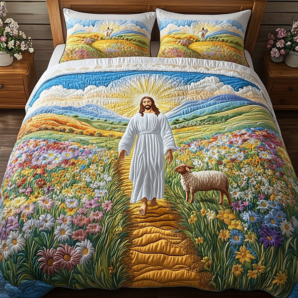 Jesus the Great quilted 3-piece bedding set on a made bed in a softly lit bedroom