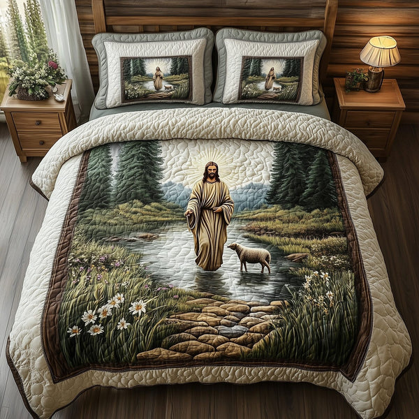 Jesus the Great quilted 3-piece bedding set on a made bed in a softly lit bedroom