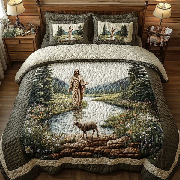 Jesus the Great quilted 3-piece bedding set on a made bed in a softly lit bedroom