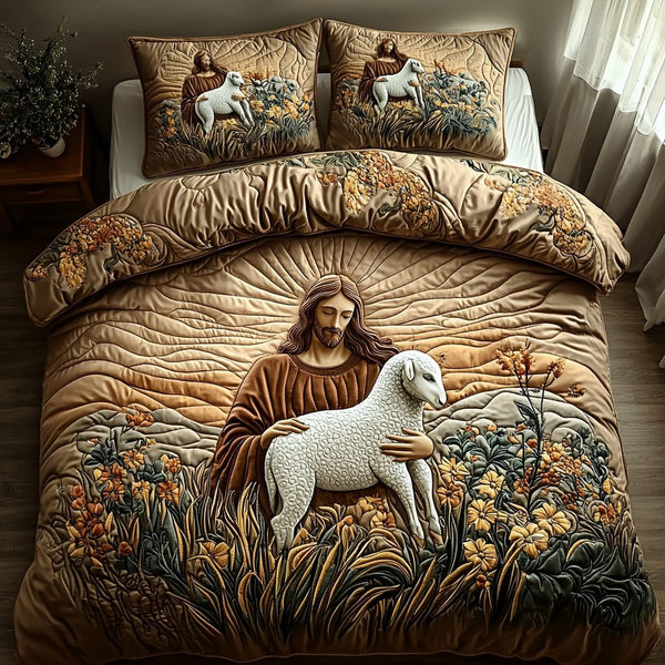 Jesus the Shepherd quilted 3-piece bedding set on a made bed in a softly lit bedroom