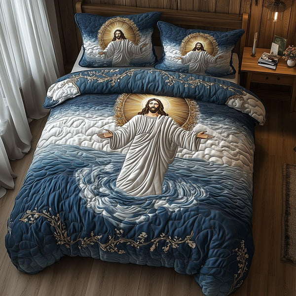 Jesus Walking On Water quilted 3-piece bedding set on a made bed in a softly lit bedroom