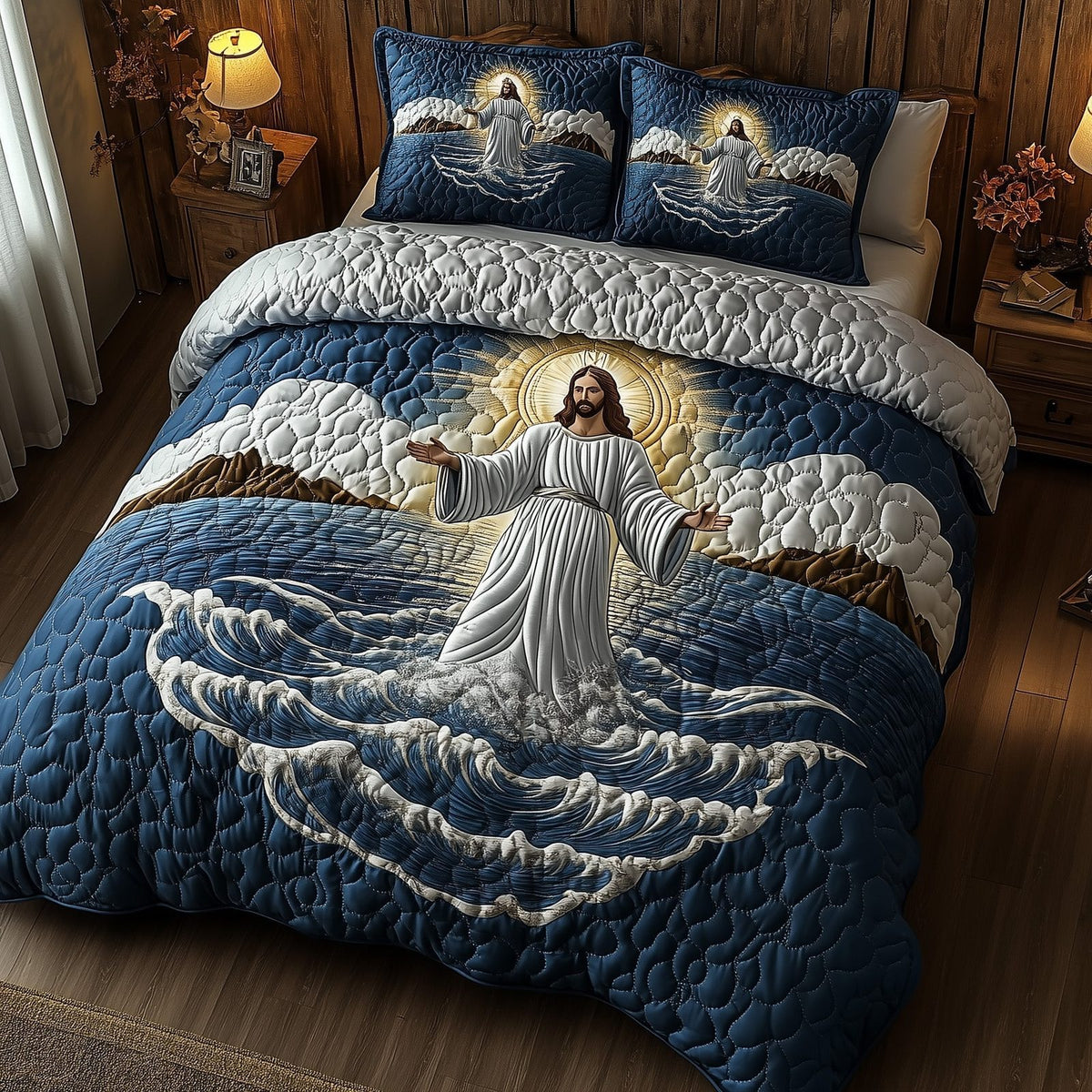 Jesus Walking On Water quilted 3-piece bedding set on a made bed in a softly lit bedroom
