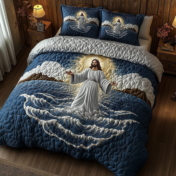 Jesus Walking On Water quilted 3-piece bedding set on a made bed in a softly lit bedroom