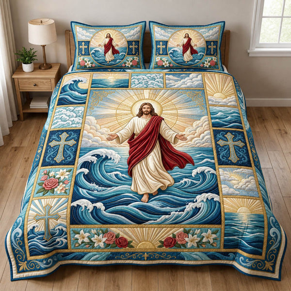 Jesus Walking On Water quilted 3-piece bedding set on a made bed in a softly lit bedroom
