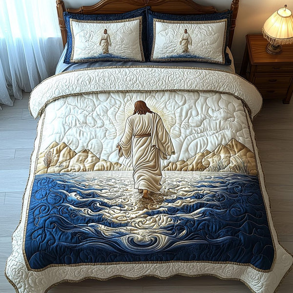 Jesus Walking on Water quilted 3-piece bedding set on a made bed in a softly lit bedroom
