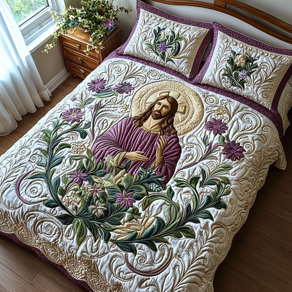 Jesus with Flowers quilted 3-piece bedding set on a made bed in a softly lit bedroom