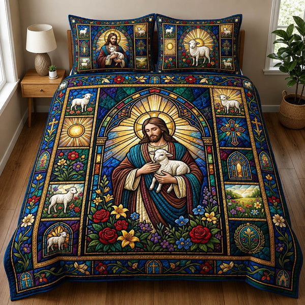 Jesus With Lamb quilted 3-piece bedding set on a made bed in a softly lit bedroom