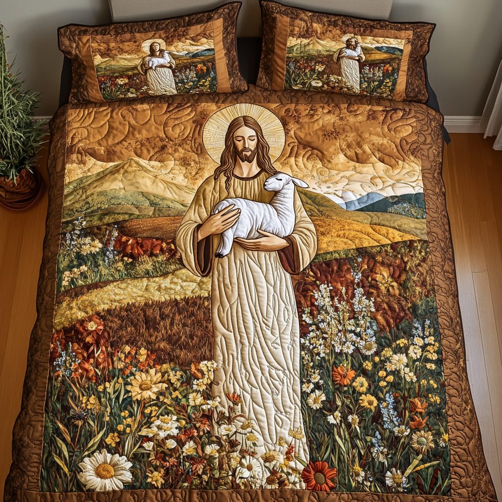 Jesus with the Lamb quilted 3-piece bedding set on a made bed in a softly lit bedroom