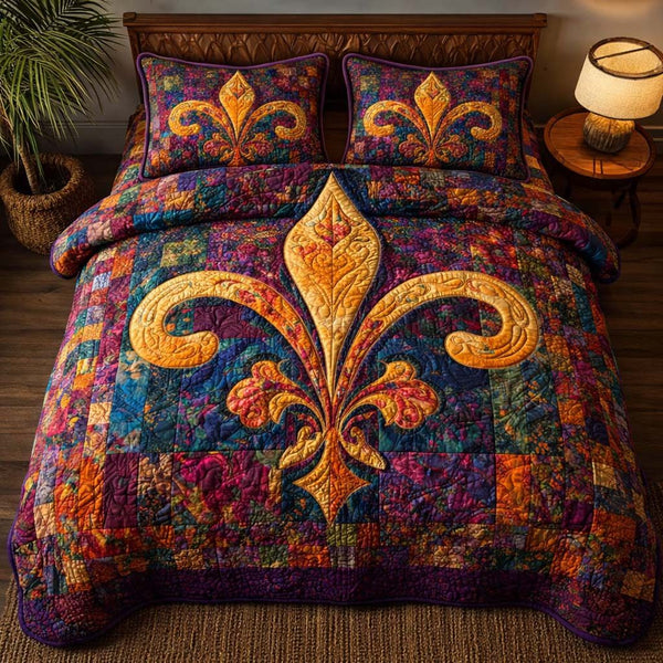 Jewel Emblem quilted 3-piece bedding set on a made bed with two matching pillow shams