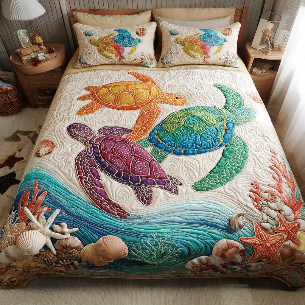Jewel of the Sea quilted 3-piece bedding set on a made bed in a light coastal bedroom
