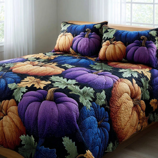 Jewel Pumpkins quilted 3-piece bedding set on a made bed against a dark styled interior
