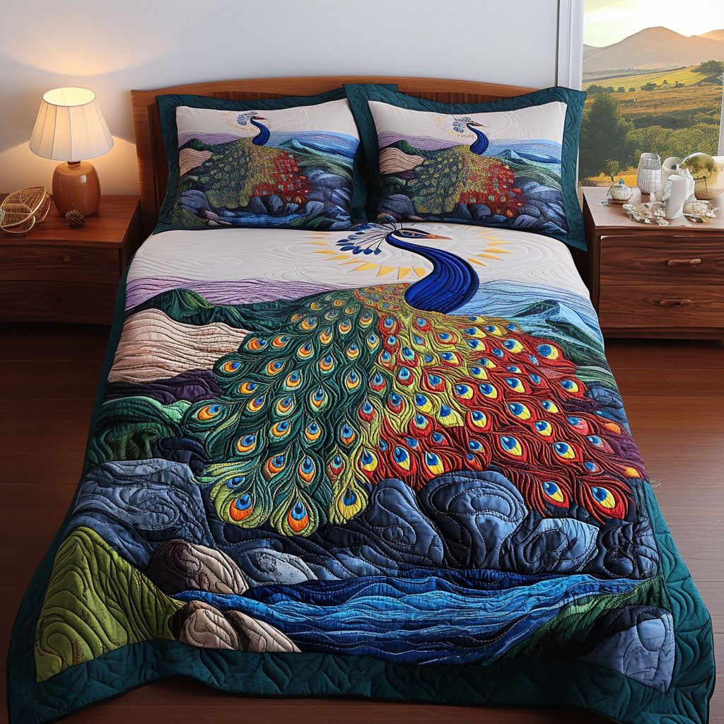 Jewel-Toned Garden quilted 3-piece bedding set on a made bed with two matching pillow shams