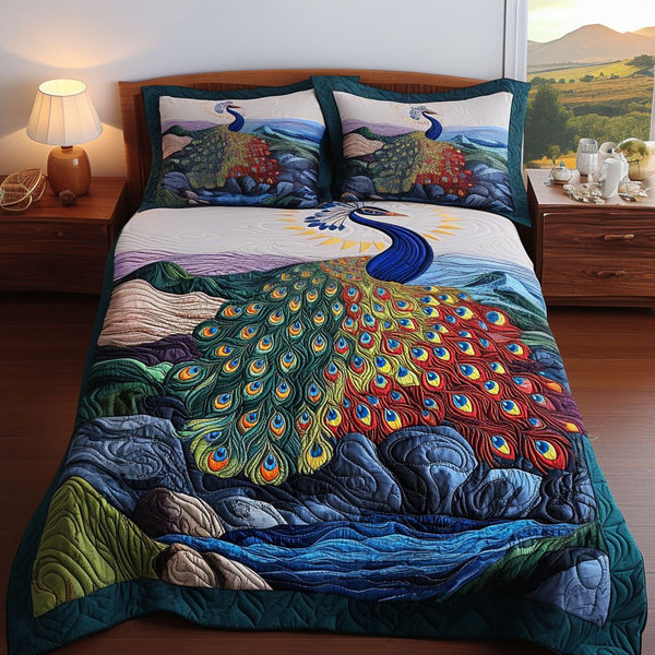 Jewel-Toned Garden quilted 3-piece bedding set on a made bed with two matching pillow shams